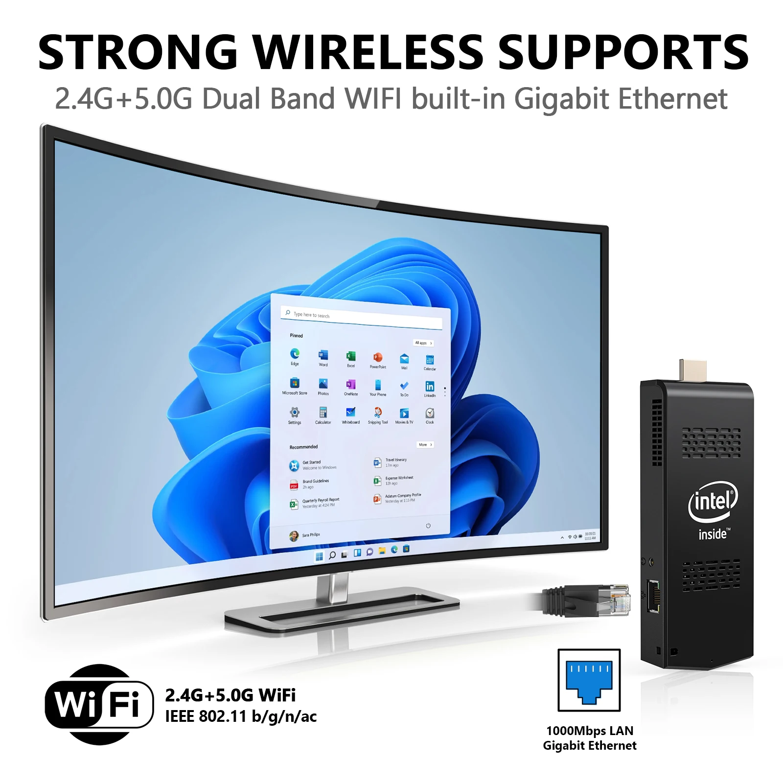 جهاز كمبيوتر صغير Stick Intel Celeron N4020/J4125 يصل إلى 2.7 جيجا هرتز 8 جيجا بايت رام 128 جيجا بايت 256 جيجا بايت ويندوز 11 كمبيوتر، جيب NUC، 4K HDMI، Dual WiFi LAN