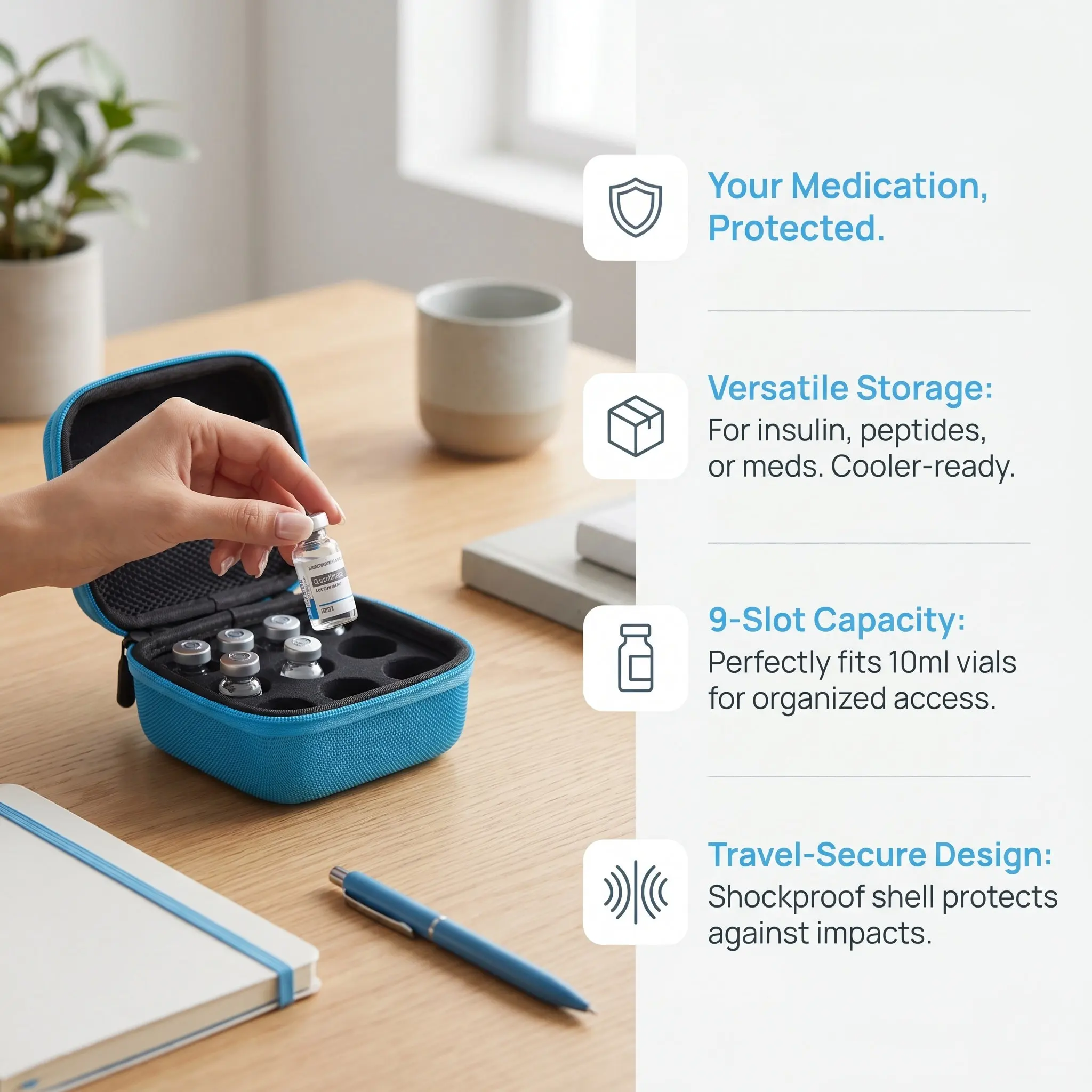 Insulin Cooler Organizer Case 9-Slots 10Ml Peptide Vial Hard Shell Removable Insert Travel Medicine Storage Bag