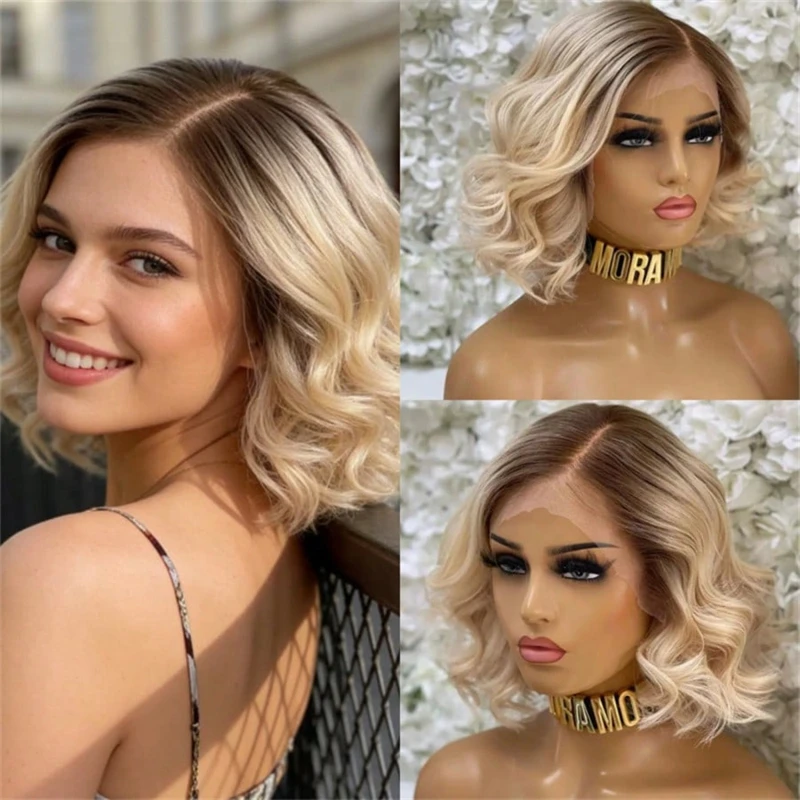 Klebefreie Perücke Kurze Wellenförmige Bob-Perücke Ombre Cremblond Synthetische Lace-Front-Perücke Hitzebeständige Kunstfaser Natürlich Vorgezupfter Haaransatz