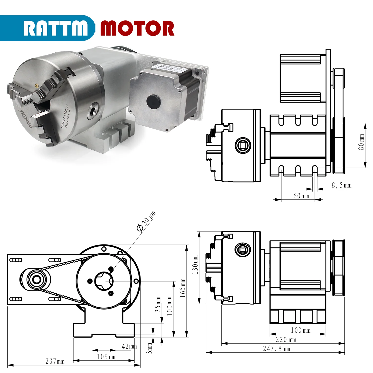 CNC 4th A Aixs Mandrino a 4 griffe con asse rotante K12-130mm e Nema34 Anello chiuso 86mm Sedile posteriore motore per tornio router di fresatura CNC