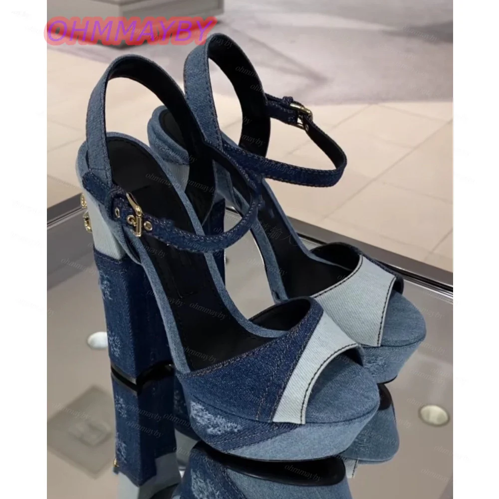 Women Blue Denim Platform Sandals Patchwork Open Toe Block Heel Ankle Strap Sandals Buckle Distressed Party Club Summer Shoes 47