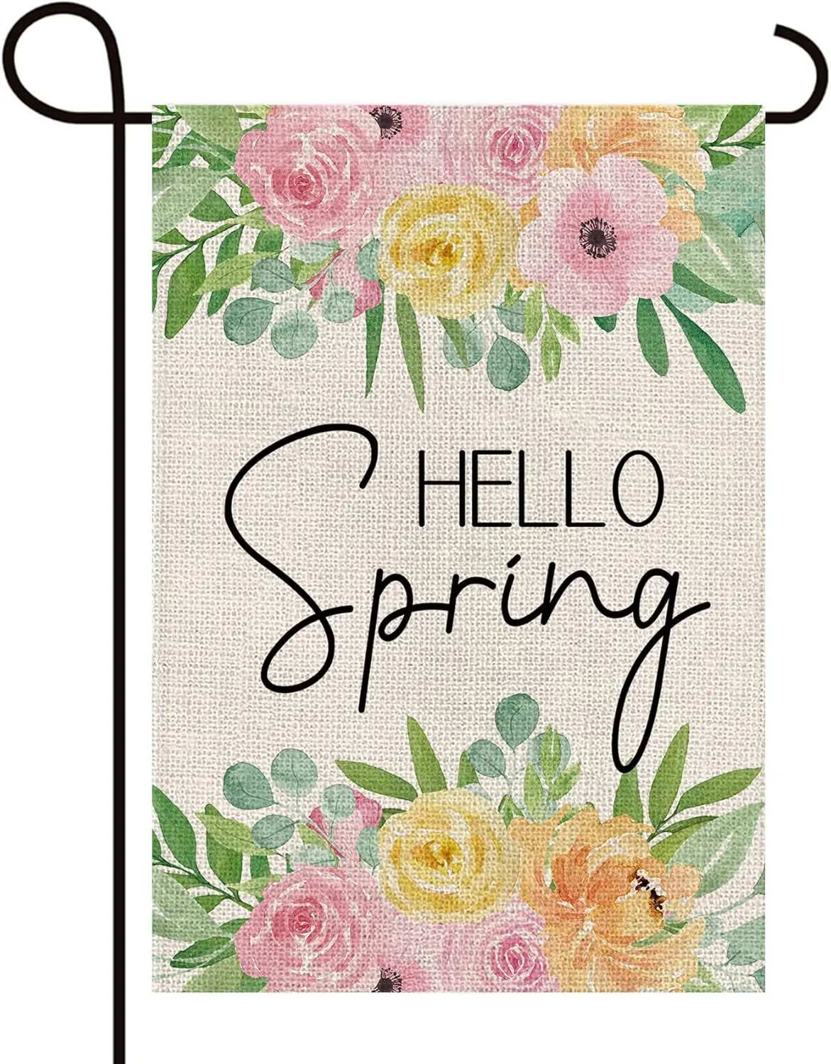 Texupday Hello Spring Colorful Floral Decoration Double Sided Vertical Burlap Garden Flag Daily Seasonal Rustic Farmhouse Holida