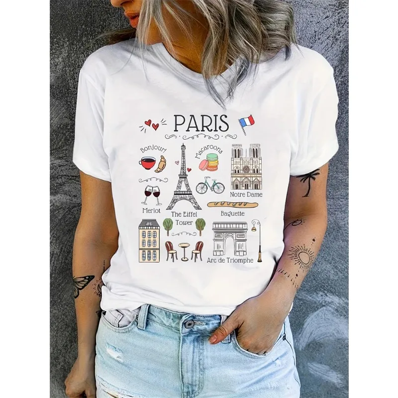 Women Summer Paris Eiffel Tower Print Women\'s Casual Cotton Comfortable T-shirt Short Sleeve Activewear Print Female Clothing