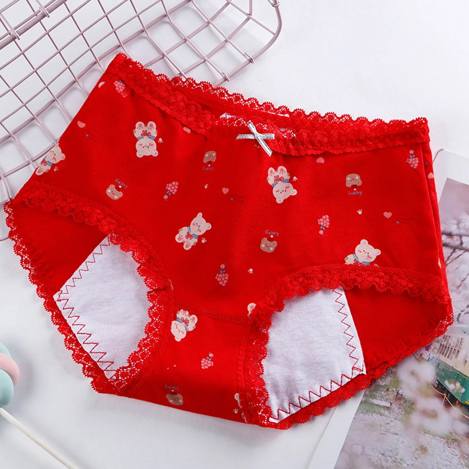 Menstrual Period Leak Proof Heavy Flow Underwears Women Cute Printed Bow Lingeries Low Waisted Lace Patchwork Underpants