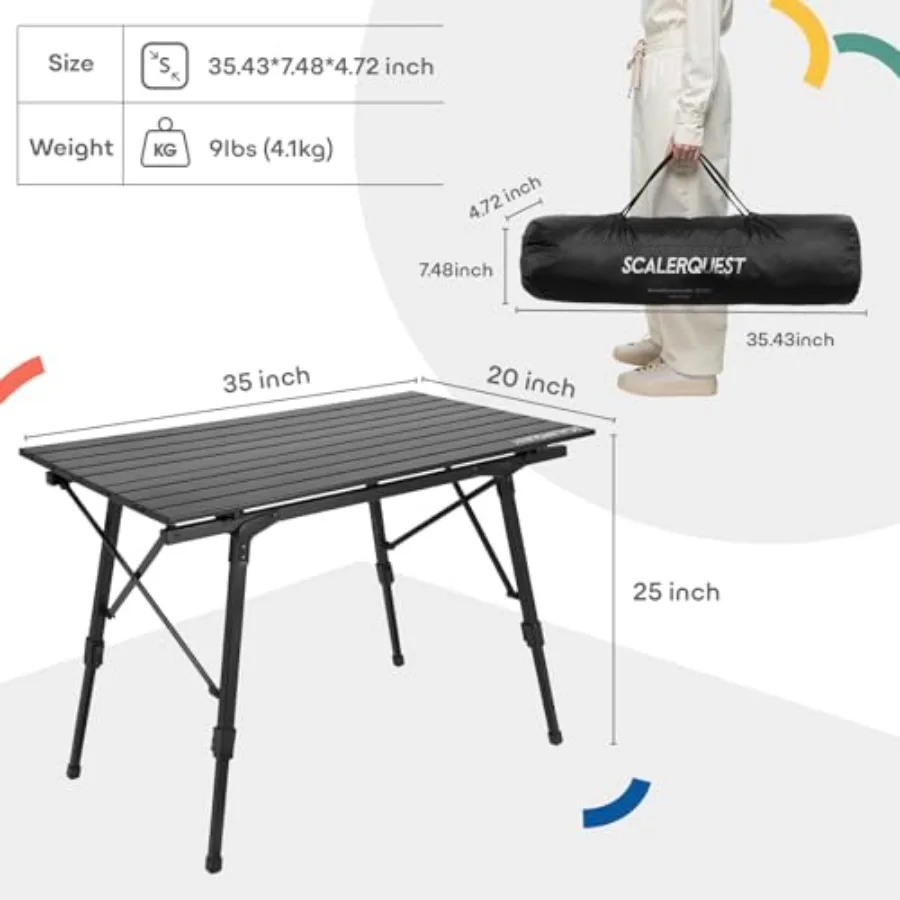 طاولة تخييم محمولة خفيفة الوزن من الألومنيوم مع ارتفاع قابل للتعديل وتصميم قابل للطي للتخييم على الشاطئ والسفر