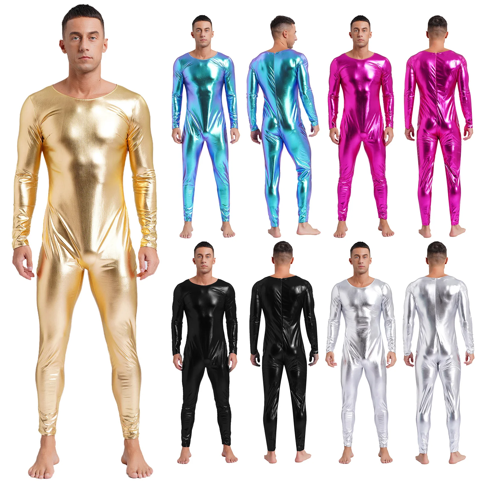 Men Shiny Metallic Jumpsuit Fashionable Slim Fit Skinny Sport Yoga Gym Outfits for Body-shaped Screen Accessory Costumes
