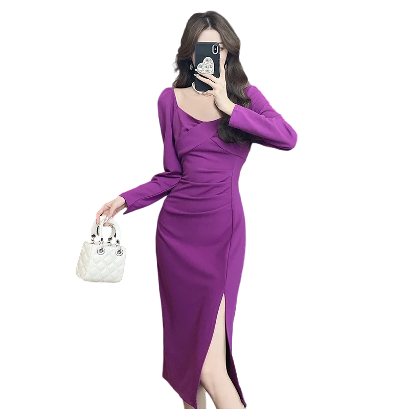 Mingyuan Square Neck Long Sleeve Dress Women's Autumn French Vintage Slim Fit Split Long Dress