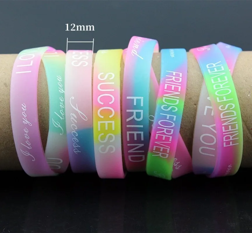 10pcs Letters Silicon Bracelet Mixed colors 12mm Glow Elastic Rubber wristbands for men women's Daily Jewelry Party Accessories