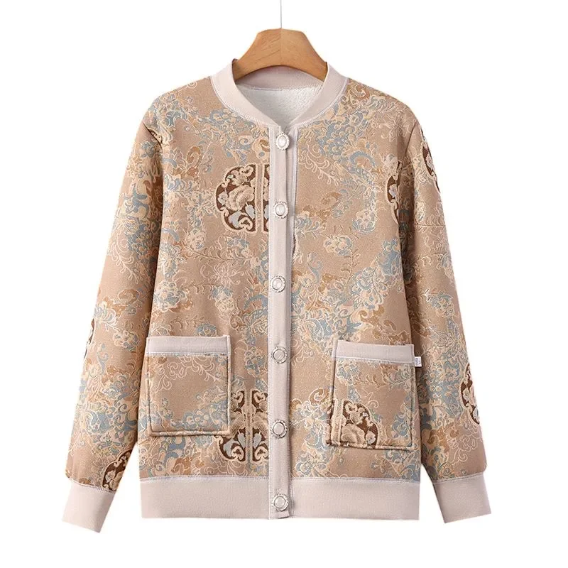 Elderly Women Floral Print Fleece Lined Stand Collar Cardigan Warm Pocket Coat For Mother