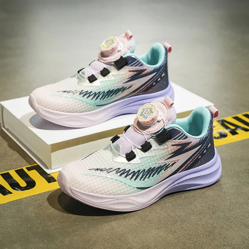 

Детская спортивная обувь с вращающейся пряжкой и плоской подошвой, уличные теннисные туфли для бега, легко надеваемые повседневные кроссовки для детей