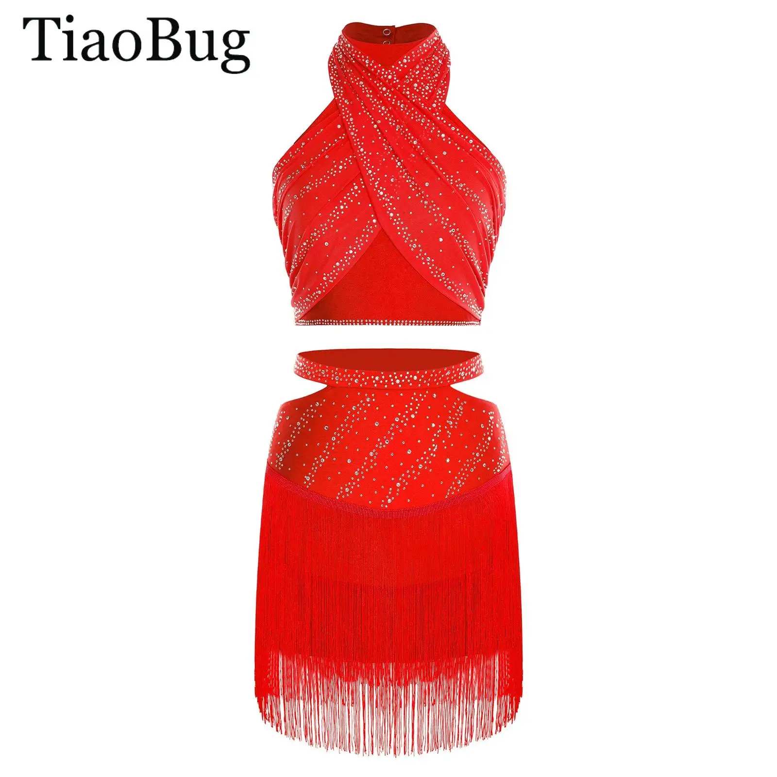 

Women Latin Dance Costume Halter Sleeveless Backless Rhinestone Crop Top And Tassels Skirt Tango Cha-Cha Salsa Skating Dancewear