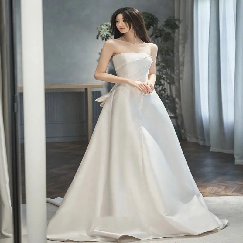 Elegant A Line Wedding Dress French Strapless Sleeveless Zipper Back With Bow Decoration Bridal Gowns Beaded Brides Dress SWD249