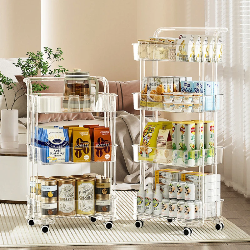 

High Aesthetic Snack and Beverage Mobile Storage Rack Large Capacity Multi-layer Transparent Small Cart for Beauty Salons