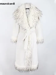 Mauroicardi Winter Long White Thick Warm Luxury Elegant Fluffy Faux Fur Coat Women with Fake Fox Fur Trim Sashes Furry Overcoat