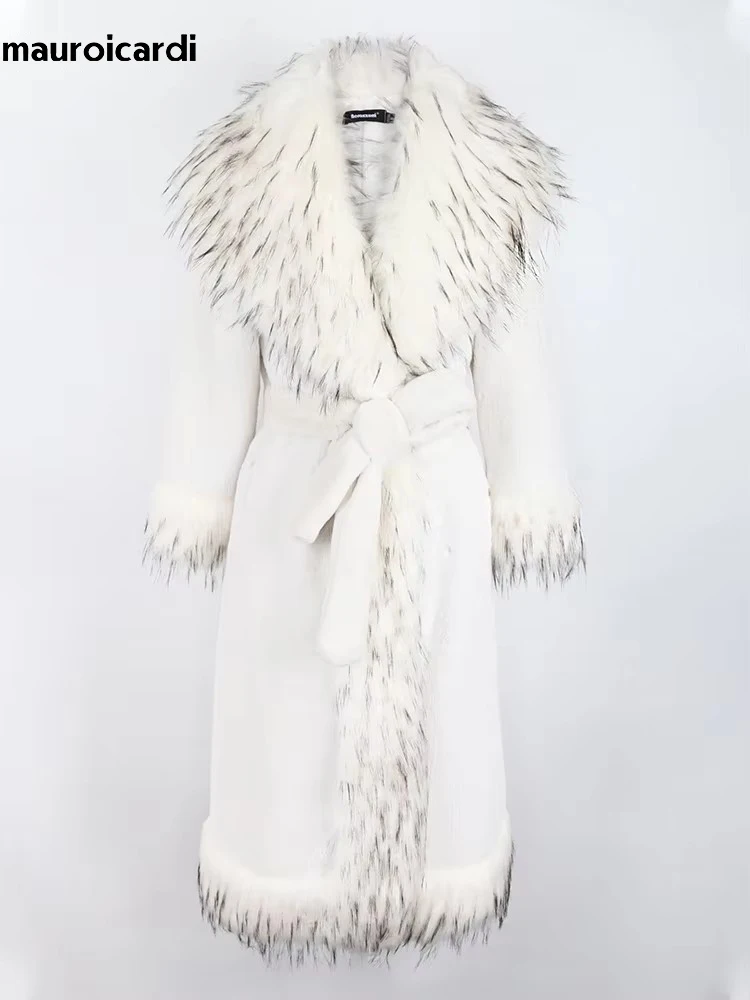 Mauroicardi Winter Long White Thick Warm Luxury Elegant Fluffy Faux Fur Coat Women with Fake Fox Fur Trim Sashes Furry Overcoat