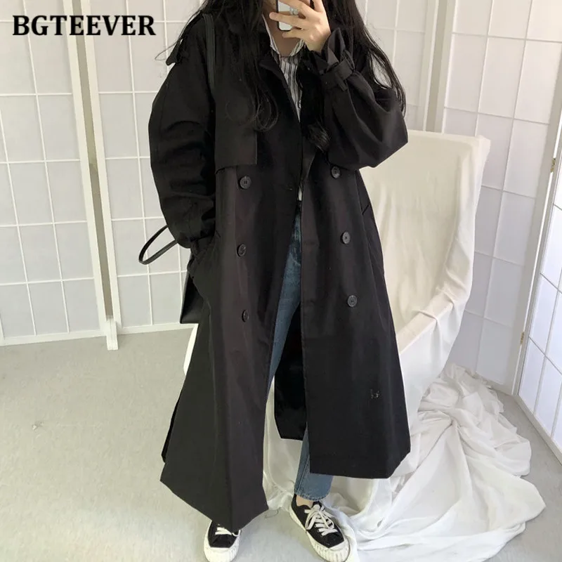 

BGTEEVER Autumn Winter Loose Double Breasted Women Long Trench Coats Vintage Full Sleeve Belted Ladies Overcoats