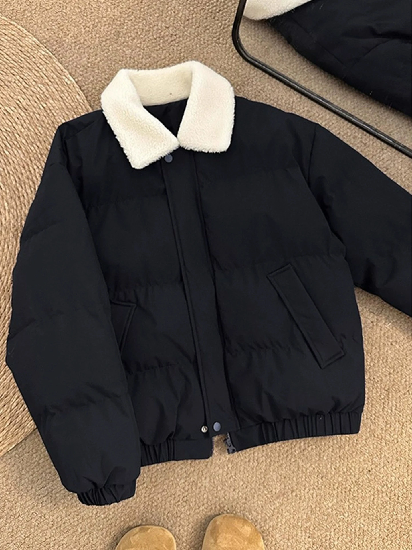 

Bla Lamb Velvet Collar Thiened Winter Cotton Jaet Men's ort Sle Warmth Youth Faion Stand Fit Zipper Closure Lo...