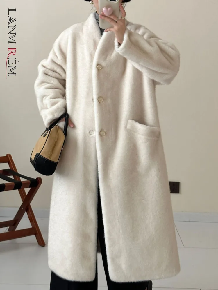 

LANMREM Casual Imitation Mink Coat For Women Stand Collar Single Breatsed Solid Color Pockets Design Coats 2024 Winter New Z2627