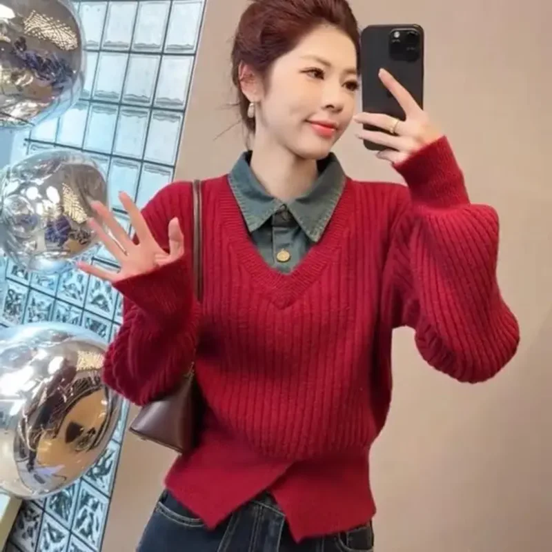 

Корейский стиль, новый зимний вязаный свитер с воротником-поло, джинсовый лоскутный искусственный двухсекционный женский модный универсальный свитер