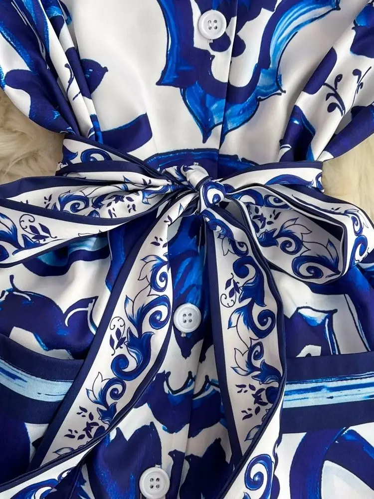 JAMERARY Autumn Fashion Red Blue And White Porcelain Print Long Dress Women Notched Single Breasted Laces Pocket Loose Vestidos