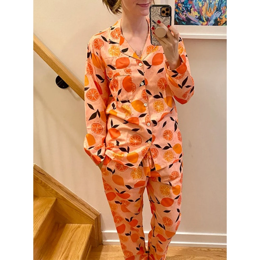 HEZIOWYUN Conjunto de pijama feminino de 2 peças com estampa de morango laranja, manga comprida, decote em V, tops com calças de perna reta, roupa de dormir