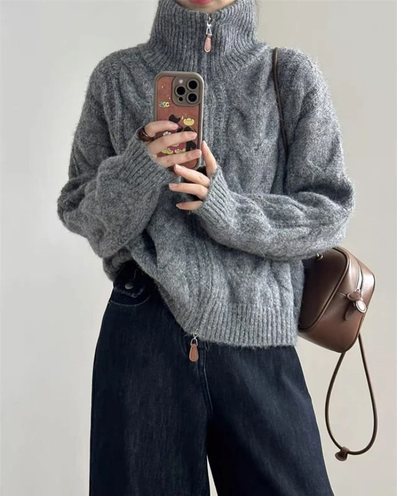 Women's Thickened Turtleneck Twist Zipper Cardigan Sweater Stand-Up Neck Knitted Jacket Lazy Wind Style Autumn Winter Outerwear