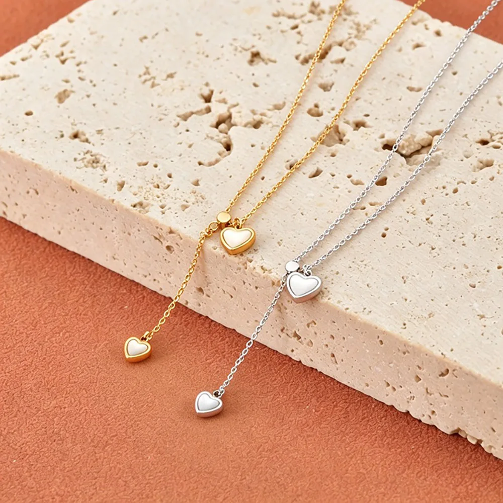 JeeMango Halskette mit Anhänger aus natürlicher Muschel, doppeltes Herz, für Damen, goldfarben, Edelstahl, klassischer Halsschmuck, wasserdicht, N26037 – Detail 4