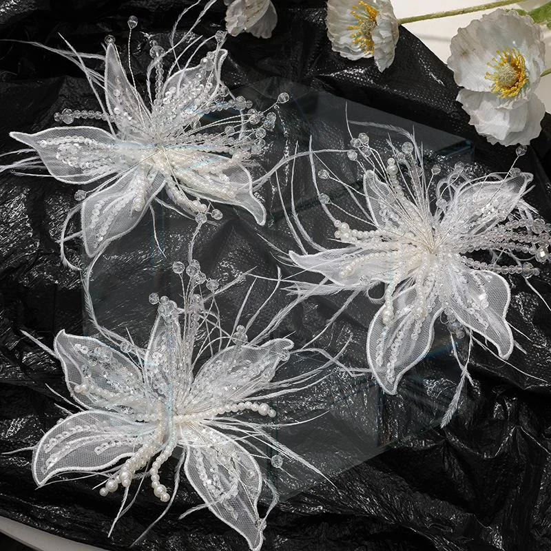 1Pcs Crystal Flower Lace Studded Patch Feather Pearl 3D Organza Flower Patch Twisted Wire Handmade DIY Sewing Decals