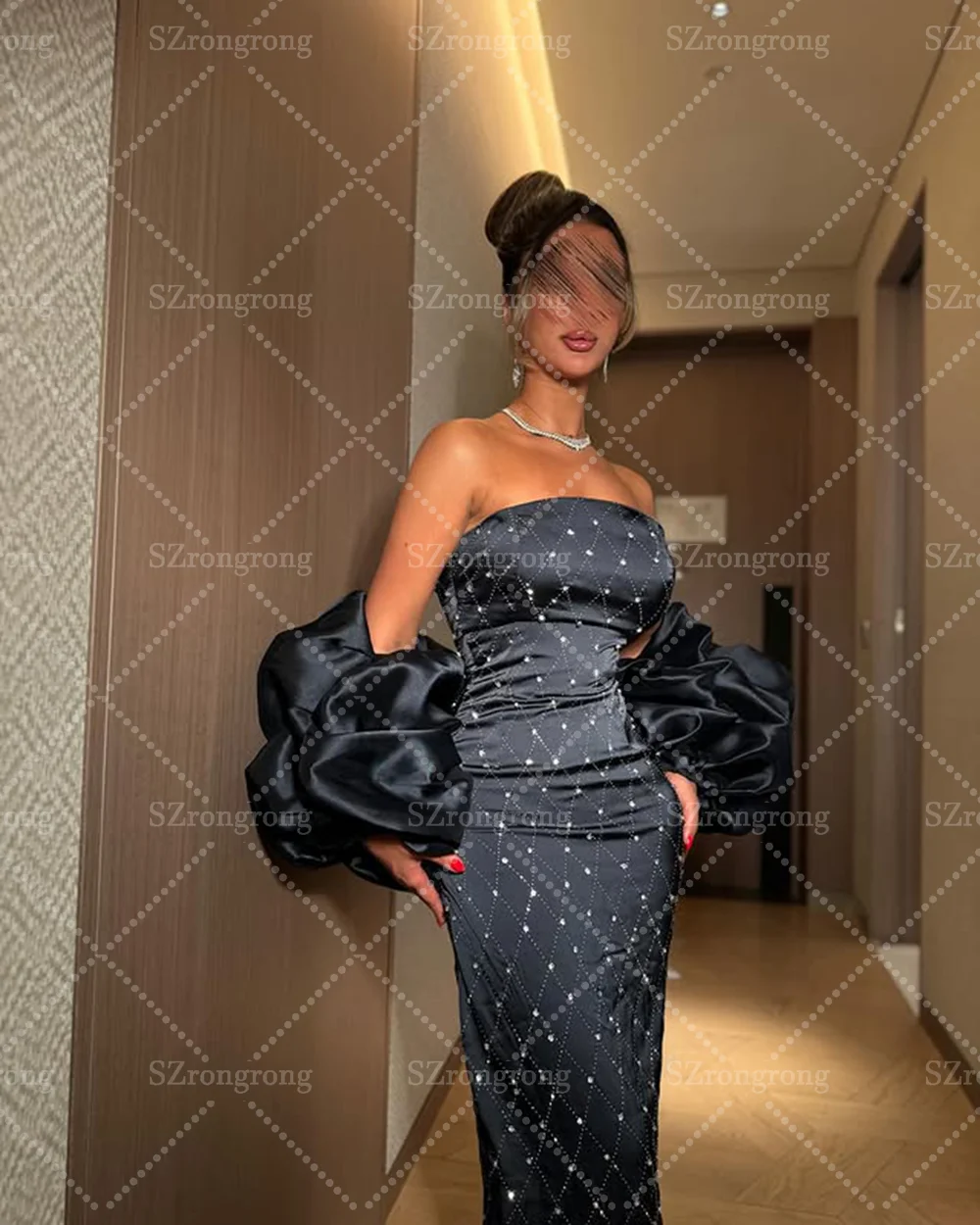 Feito sob encomenda fantástico gola de barco beading brilhante vestido de noite bainha sexy sem costas até o chão vestido de festa de baile com capa