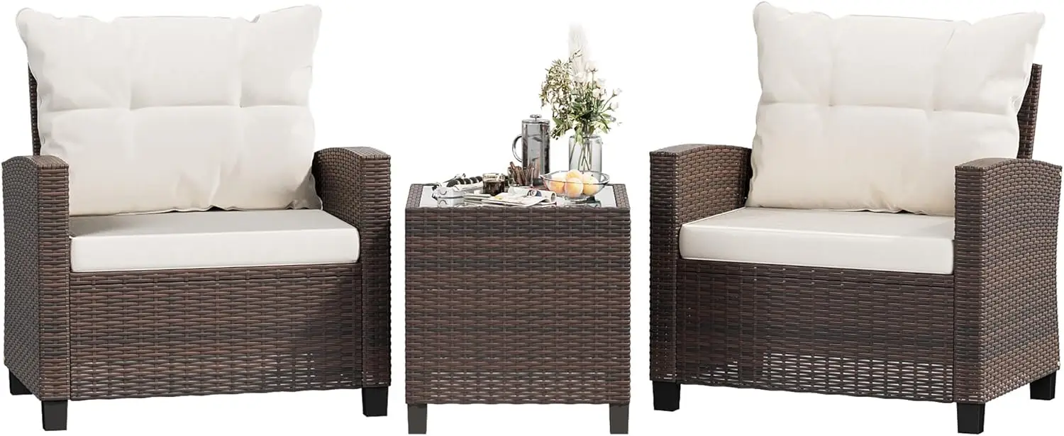 Beige PE rattan wicker 3-piece patio conversation set containing two rattan chairs and glass top table, simple all-weather furniture for garden, poolside, balcony and porch