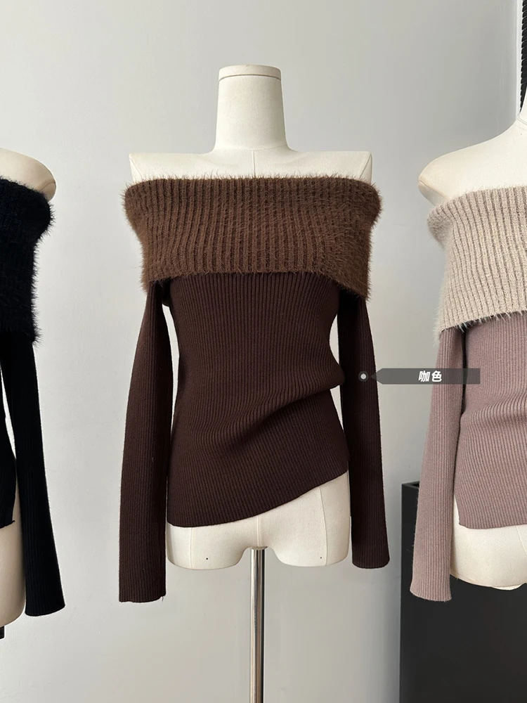 Autumn Winter Women Slash Neck Sweater Jumper Vintage Solid Color Knitwears 2000s Aesthetic Korean Designer Jerseys Old Money