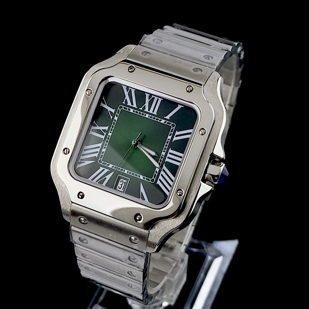 NH35 Santos montre 38mm Logo personnalisé montre montre pour hommes montre en cuir vert NH35 mouvement montre accessoires