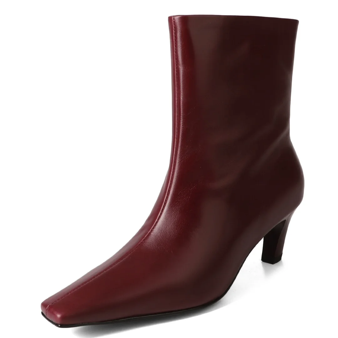 Damskie buty ze skóry bydlęcej na cienkim wysokim obcasie z kwadratowymi noskami, wsuwane jesienne botki eleganckie damskie czarne/winnoczerwone krótkie botki buty kobieta — zdjęcie 2