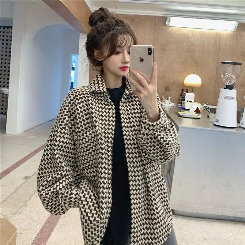 Women Shirt Plaid Korean Fasion Vintage All-match Sweet Spicy Girls Chic Loose Fit Casual Spring Autumn Tops Y2k Popular Ins