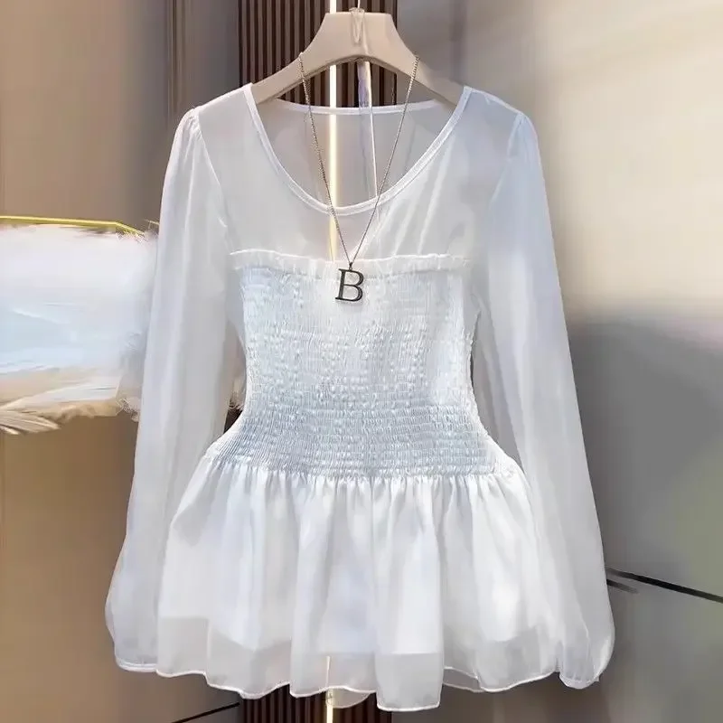 

Spring Summer Fashion Sweet Solid Round Neck Chiffon Blouses Women's Ruffles Gauze Elastic Waist Retract Slim Long Sleeve Shirts