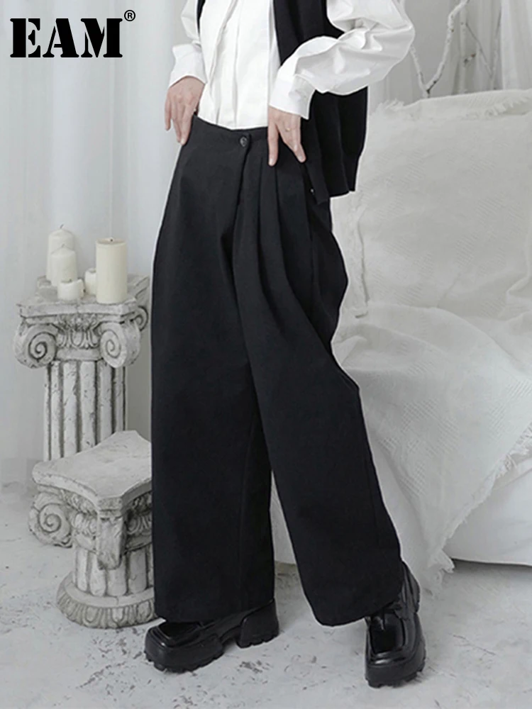 [EAM] High Waist Black Pleated Stitch Long Wide Leg Trousers New Loose Fit Pants Women Fashion Tide Spring Autumn 2024 1DB400