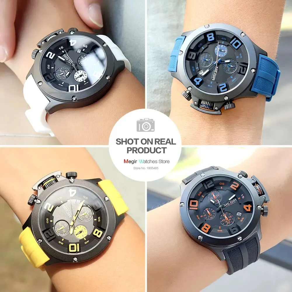 MEGIR Big Dial Sport Quartz Watch for Men Fashion Waterproof Chronograph Wristwatch with Date Silicone Strap Luminous Hands 8115