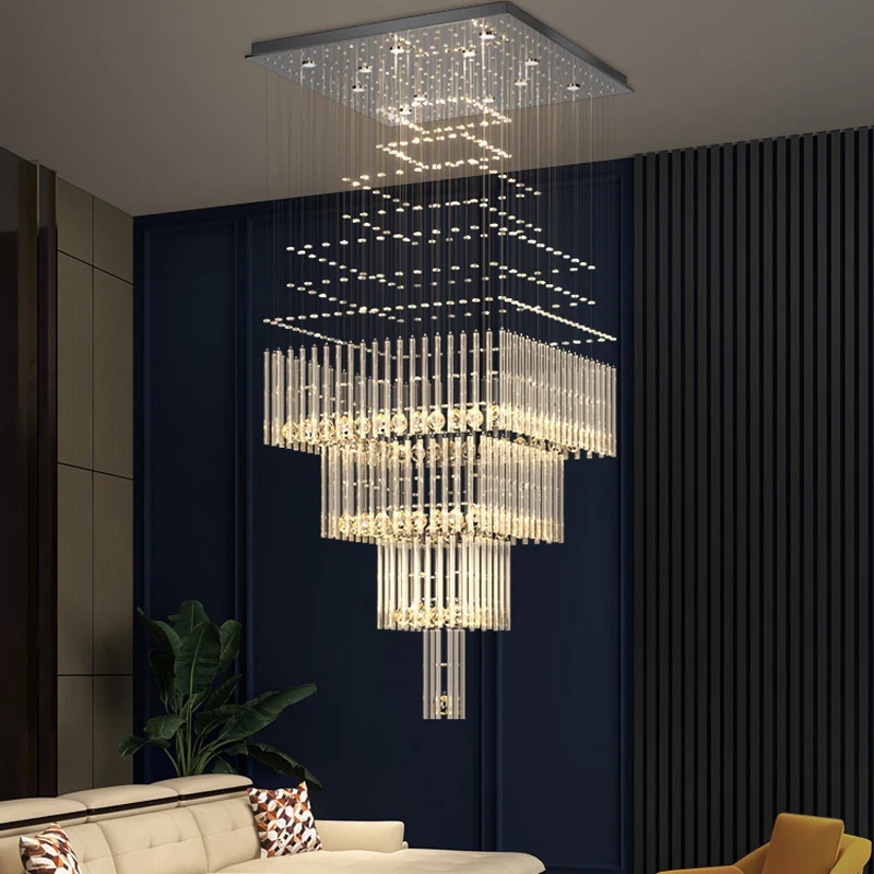 Luxury Crystal Pendant Chandeliers Lighting for Staircase Living Room Hotel Hall Square Base Hanging Loft Decor Suspension Lamp