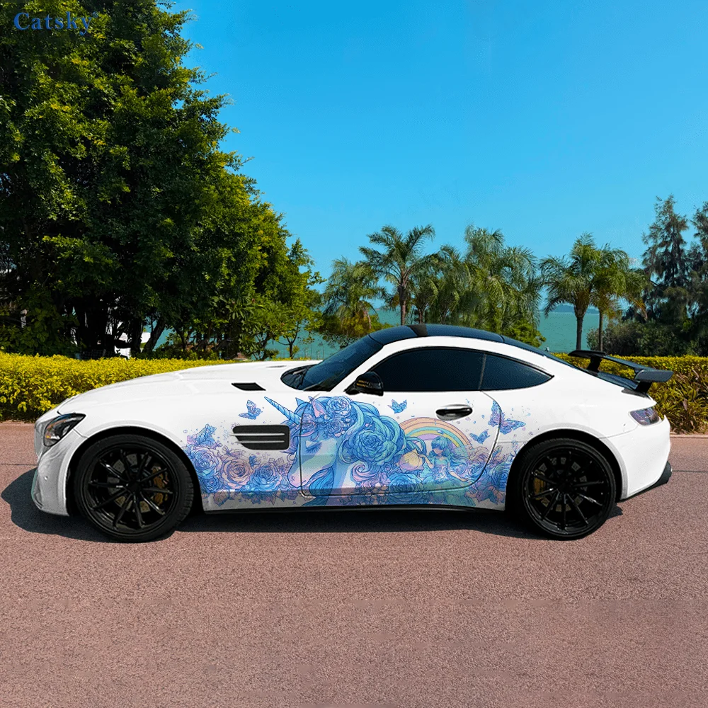 Fantasy Blue Unicorn Rose Car Vinyl Wraps Decal Self-adhesive PVC Sticker Suitable for Trucks SUV Decor Auto Accessories Gift