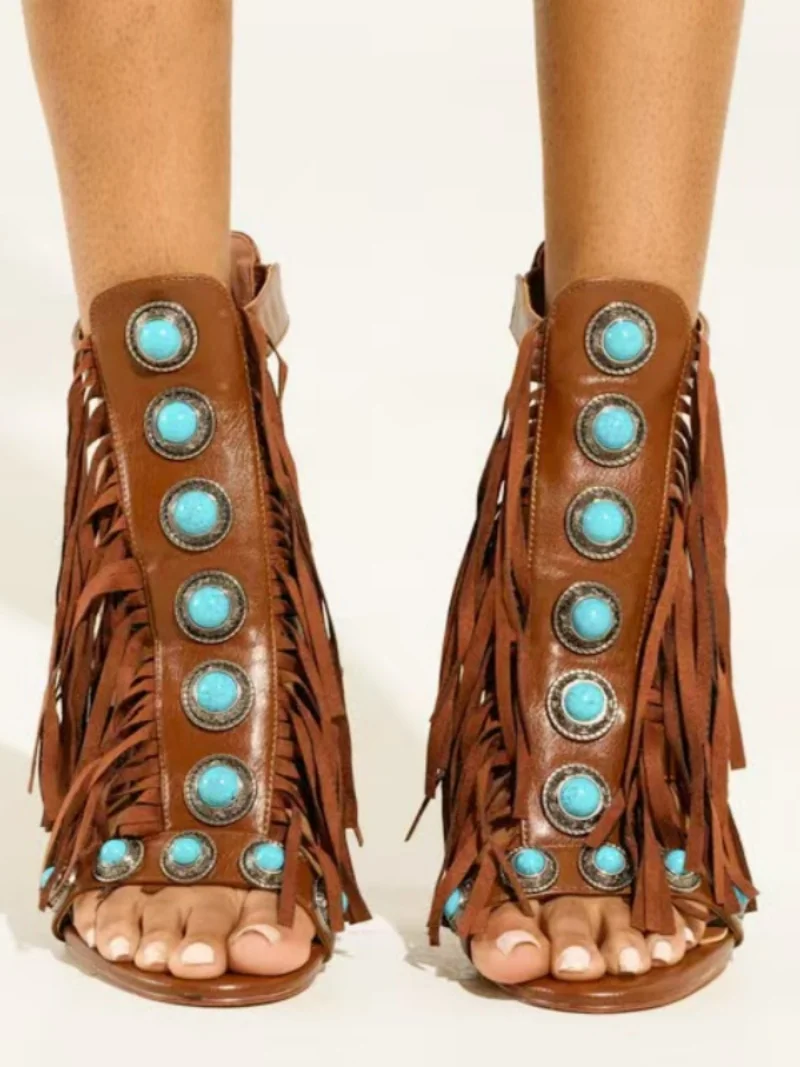 Women Brown Leather Fringe High Heel Sandals Turquoise Stone Decor OpenToe Stiletto Heel Shoes Cutout Party Unique Strappy Shoes view 4