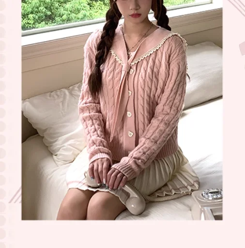 Autunno Inverno Moda Versatile Dolce Colletto Navy Maglione lavorato a maglia a maniche lunghe rosa Moda Donna Gonna a pieghe a trapezio a vita alta