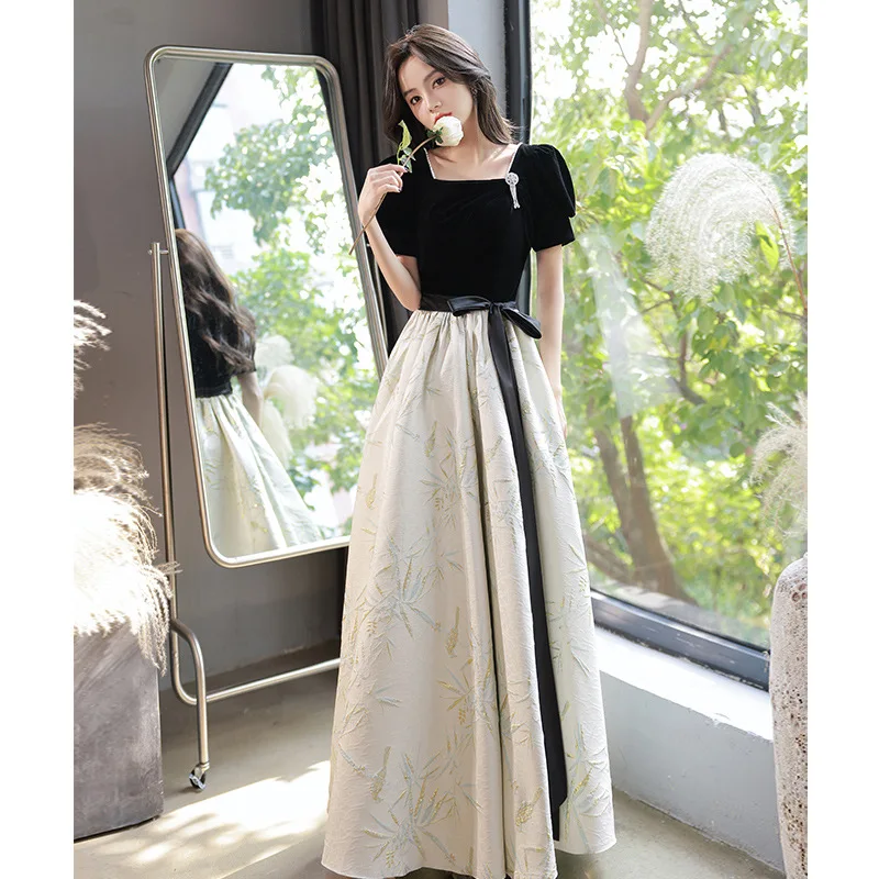 

Black French Style Evening Dress Square Callar Puff Sleeve Dresses Slim Elegant Patchwork A-Line Long Vestido