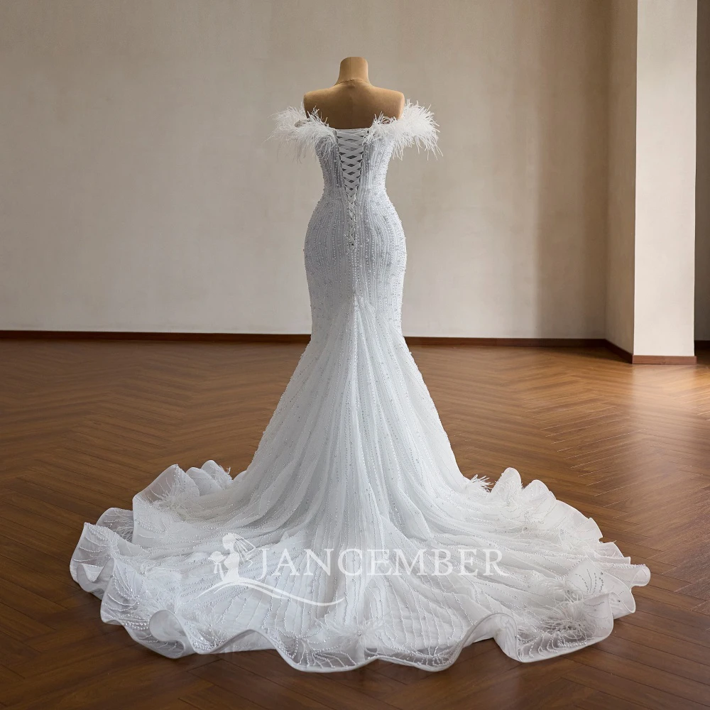 Romantic White Feather Mermaid Customized Wedding Dress Off Shoulder Beaded Pearls Court Train Ruffled Train свадебное платье