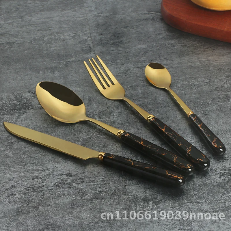 

24-Piece Stainless Steel & Ceramic Tableware Set Gold Finish Knife Fork Spoon Hotel Western Steak Cutlery Gift Box Set