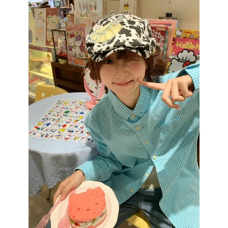 

Cow Print Beret for Women Cute Fried Egg Decor Painter Hat Retro Casual Newsboy Cap for Daily Wear