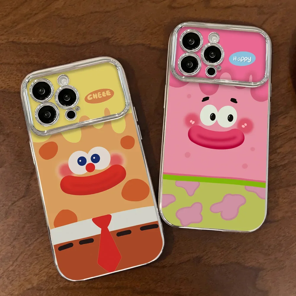 Phone Case For Cartoon S-SpongeBobs-Cute-S-SquarePants Couple Samsung Electroplated Large Window LensA22 A23 A32 A51 A20 4G 5G