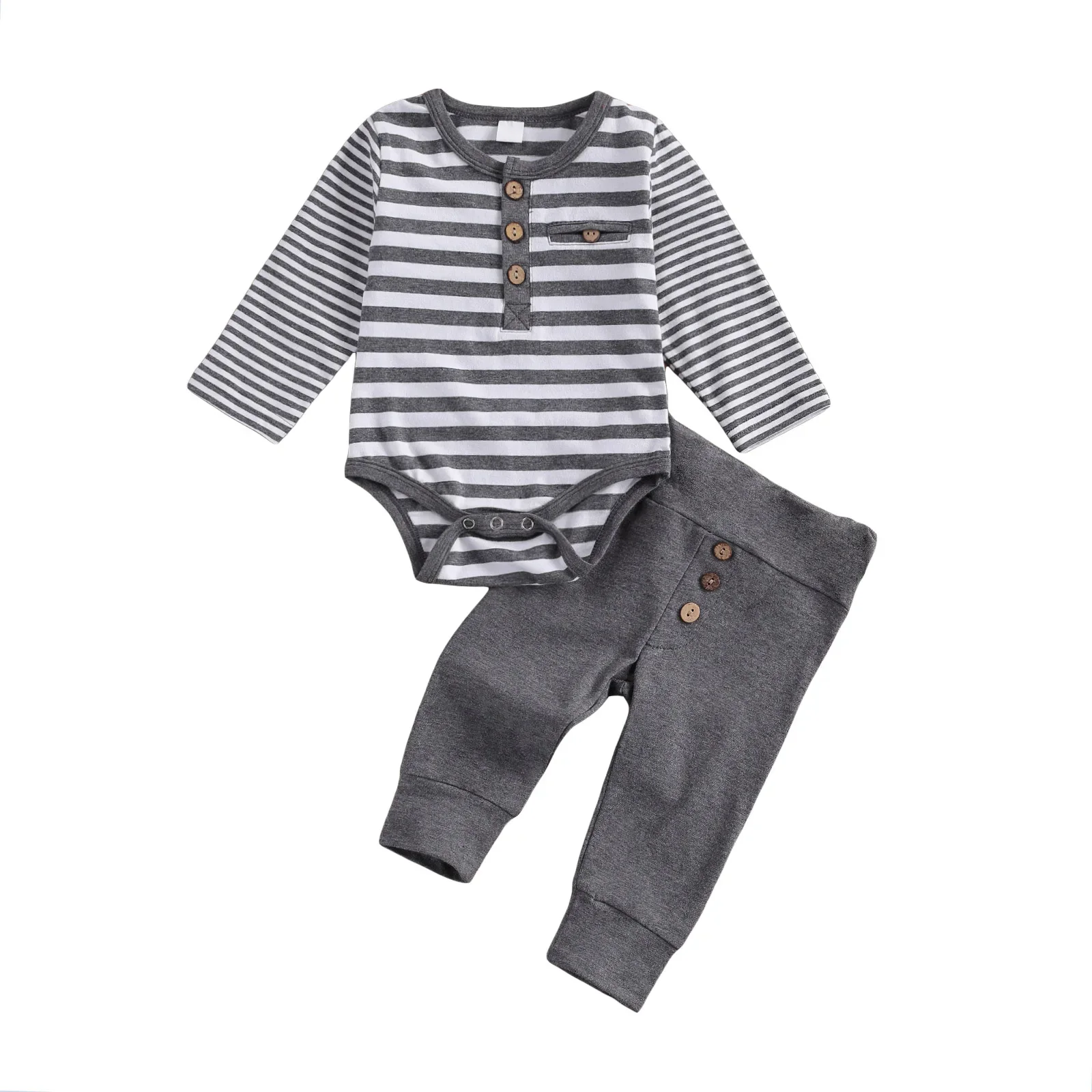 

2 Pcs Baby s Casual Suit Round Neck Long Sleeve Stripe Romper Solid Color Button Decoration Loose Trousers