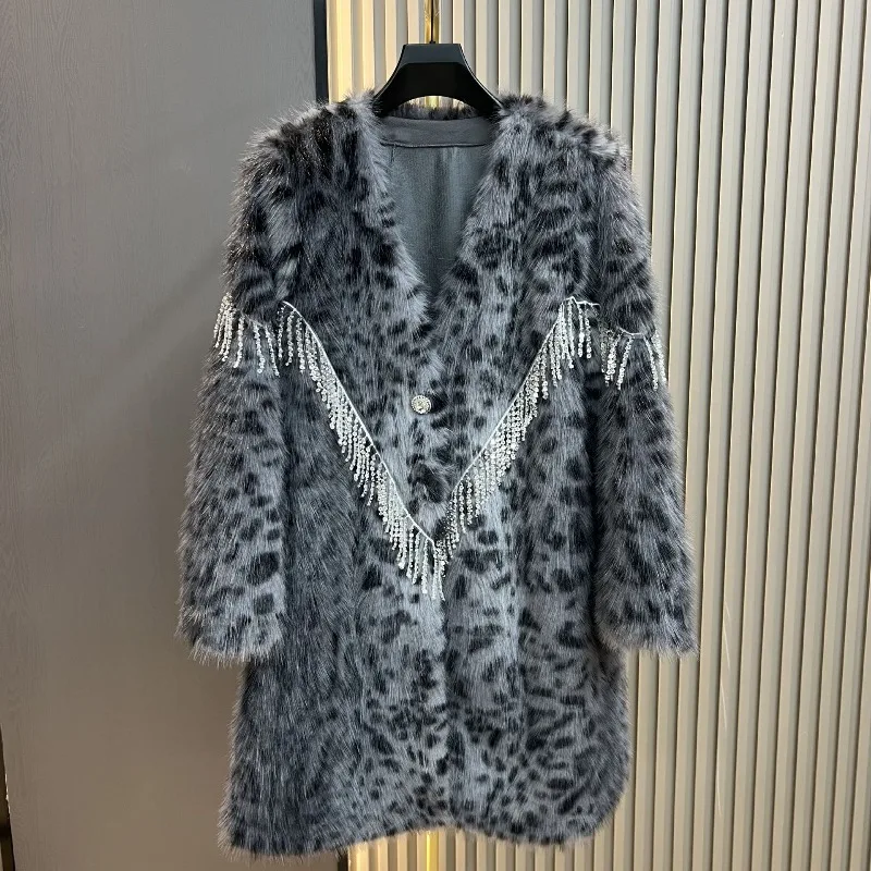 Faux Fur Leopard Print Coat 2025 Winter New Women's Long Fashion Tassel Elegant Slimming Shearling One-Piece Furry Jacket Female