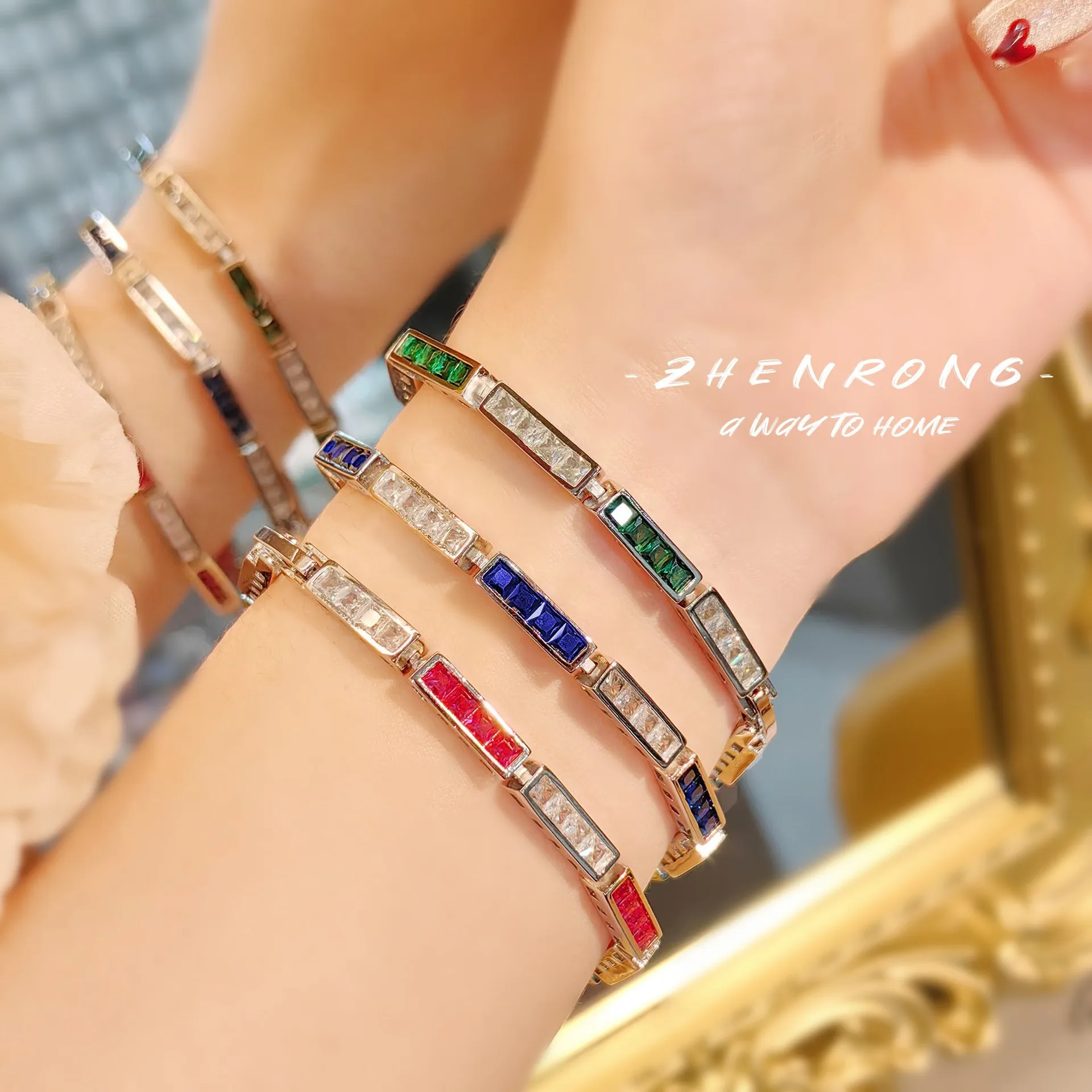 New Bright Square Rainbow Bracelet Colorful Blue Spinel Zircon Simple Zircon Personalized Jewelry Sisters Friend Gift H559