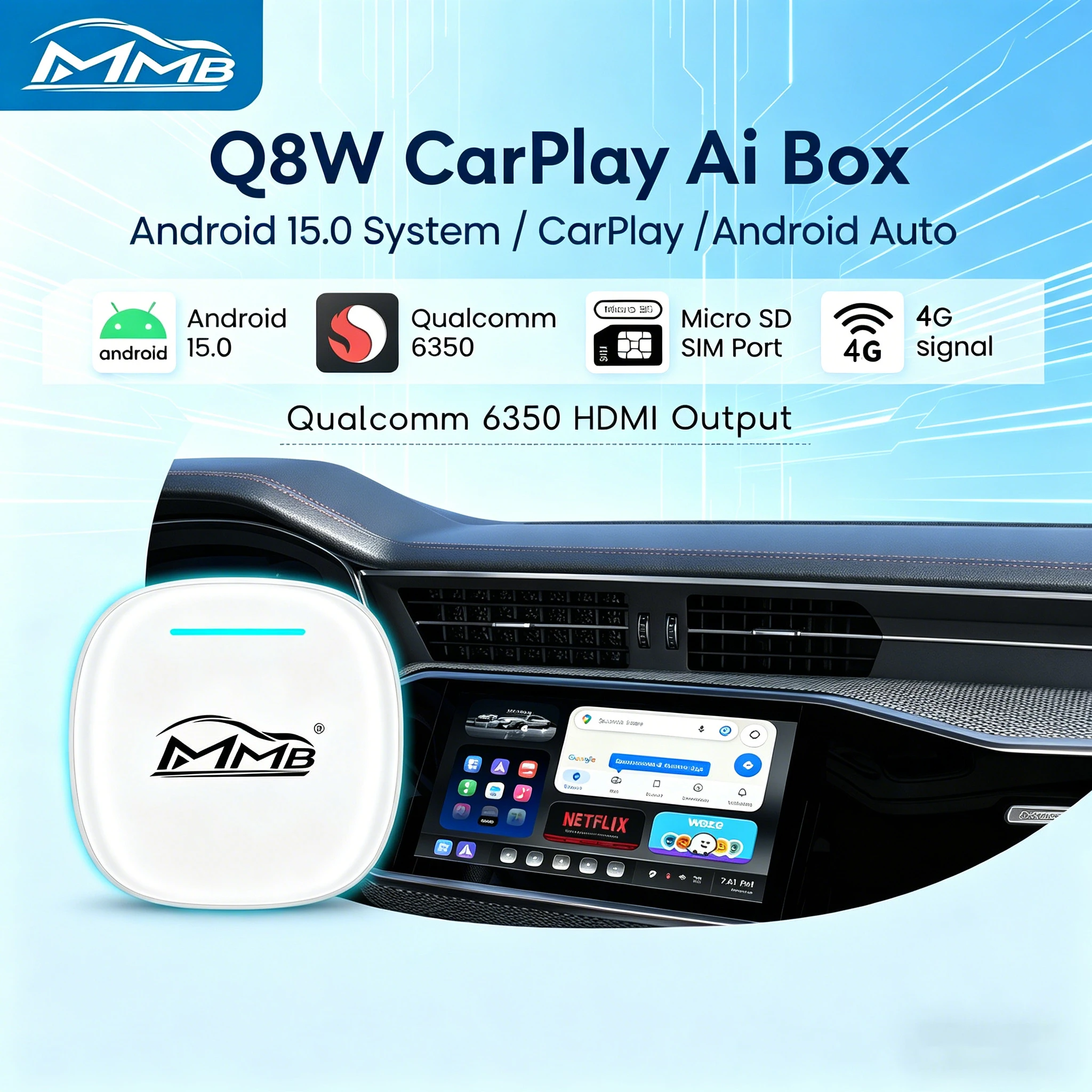 MMB Max Ultra Smart Box Android15 Wireless Car Carplay Wireless Android Auto AI Box Carplay For Youtube&IPTV QCM6350 8-Core WiFi